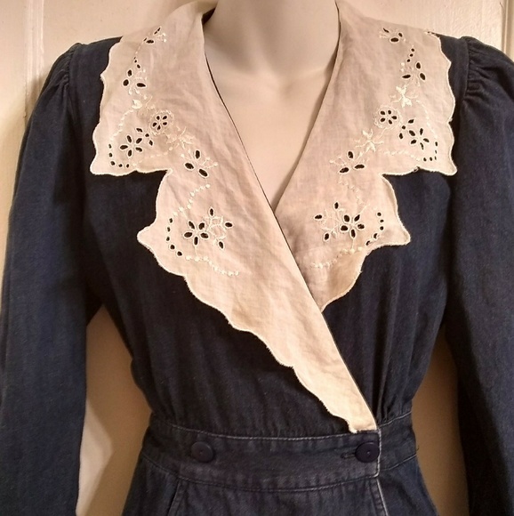 SOLD VTG 80s Denim & Eyelet Lace Wrap Dress Sz10P - Picture 2 of 8